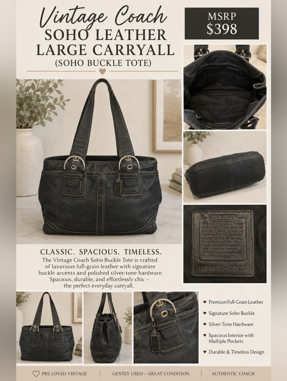 Vintage Coach Soho Leather Large Carryall (Soho Buckle Tote) - MSRP $398